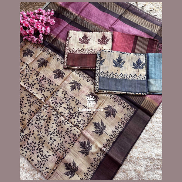 Premium Tussar Silk Semi Ghicha Digital Printed Sarees with Leaf Design