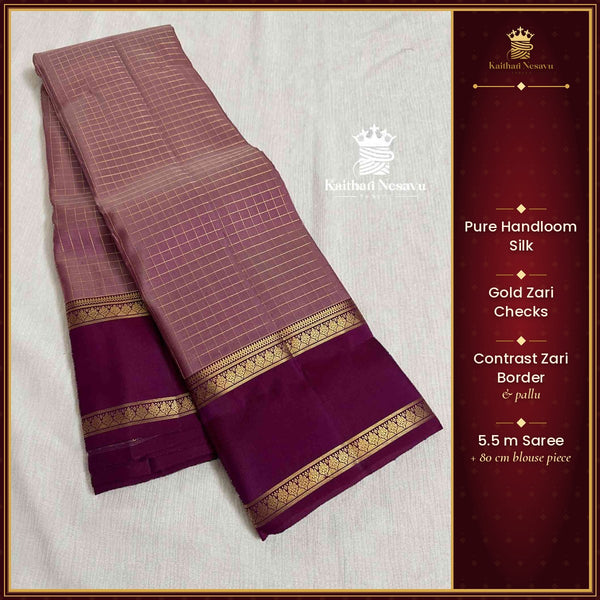 Pure Handloom Silk Saree | Zari Checks Body | Contrast Zari Border & Pallu – Kaithari Nesavu