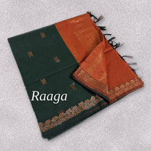 Raaga Copper Zari Cotton Saree in Bottle Green & Rust – zari flower chain border