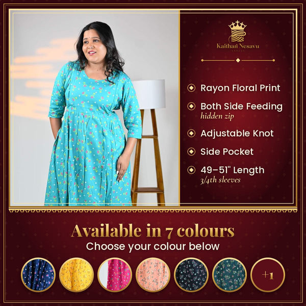 Rayon Floral Print Maternity Feeding Dress Material | Both Side Feeding | Sizes M–XXL – available in 7 colours