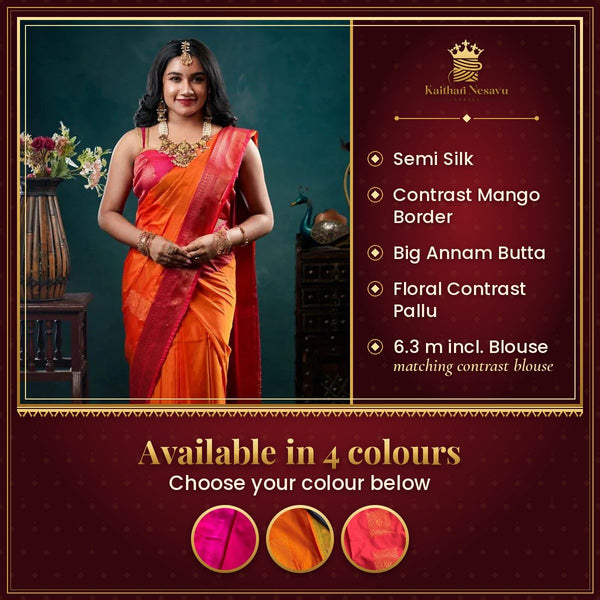 Semi Silk Saree with Contrast Mango Border and Annam Butta – available in 4 colours