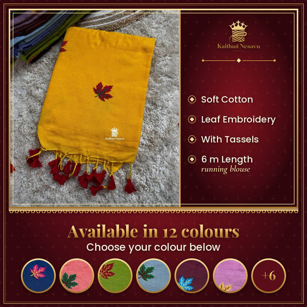 Soft Cotton Kaithari Nesavu Saree with Leaf Embroidery Design & Tassels – available in 12 colours