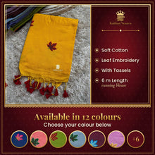Soft Cotton Kaithari Nesavu Saree with Leaf Embroidery Design & Tassels – available in 12 colours