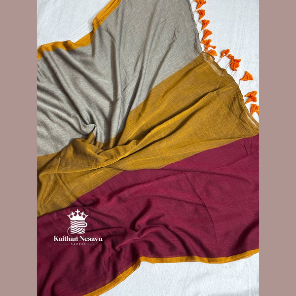 120-count pure mul cotton saree in tricolor palette – soft and lightweight fabric
