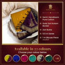Timeless Tradition: Sundari Semi Handloom Gold Zari Cotton Saree – available in 22 colours