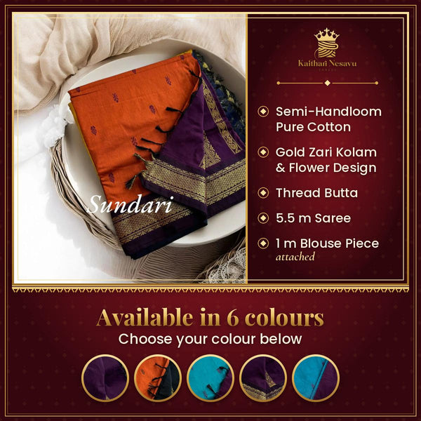 Sundari: Festival Finesse - Gold Zari Semi Handloom Pure Cotton – available in 6 colours
