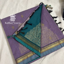 Lavender and blue-grey Temple Gopuram saree showing teal pallu