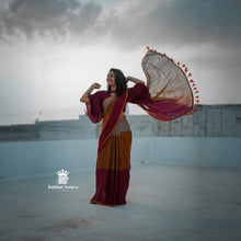 Woman in a traditional saree with a large, decorative fan against a cloudy sky.
