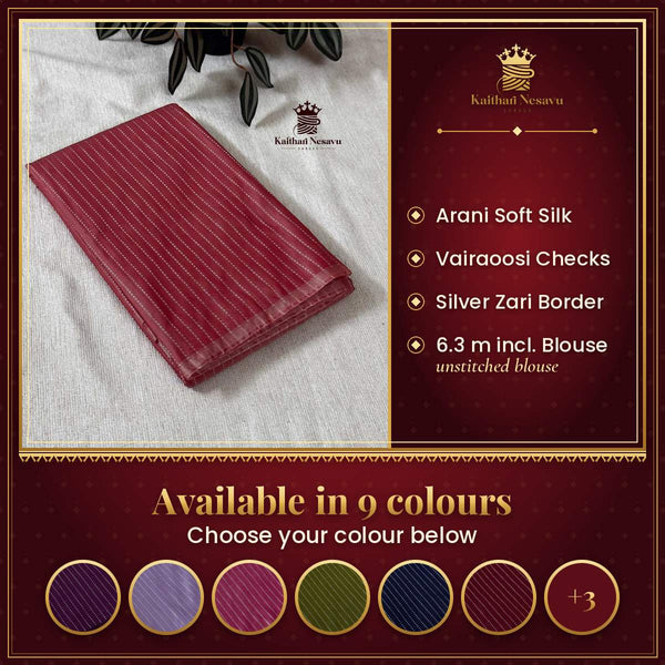 Vairaoosi Arani Soft Silk Saree with Silver Zari – Festive Collection – available in 9 colours