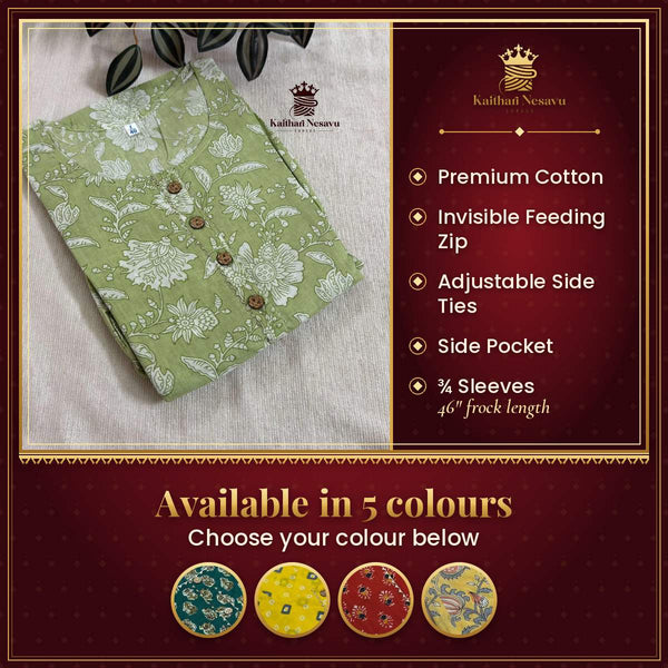 Vineshu Premium Cotton Maternity Dress with Adjustable Fit & Feeding Zip – ¾ Sleeve Frock – available in 5 colours