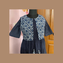 Stylish dark blue maternity dress with printed cotton coat design.