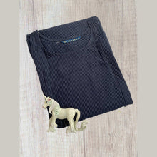Invisible feeding zip on dark blue handloom maternity cotton dress.