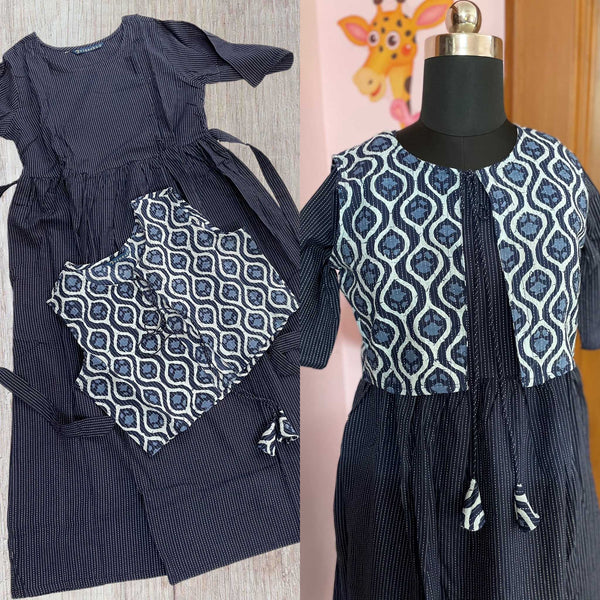 Dark blue katha stitch handloom maternity dress with contrast printed coat.