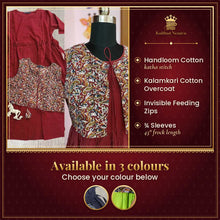 Vineshu Katha Stitch Handloom Cotton Maternity Dress with Kalamkari Cotton Overcoat – Comfortable ¾ Sleeve Frock – available in 3 colours