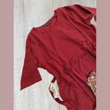 Handloom cotton maroon maternity dress with ¾ sleeve comfort.