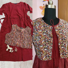 Maroon katha stitch handloom cotton maternity dress with printed coat full view.