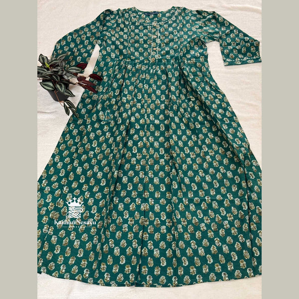 ineshu Teal Green Printed Cotton Maternity Dress with feeding zip – full view