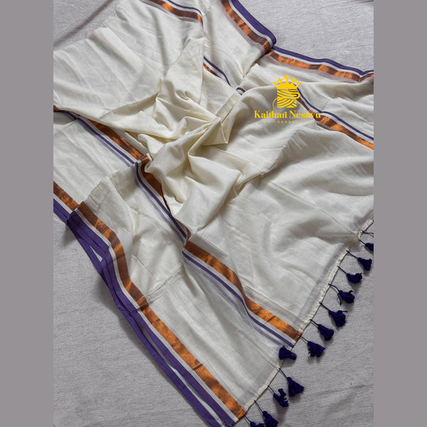 White with purple premium mul cotton saree – elegant lightweight drape